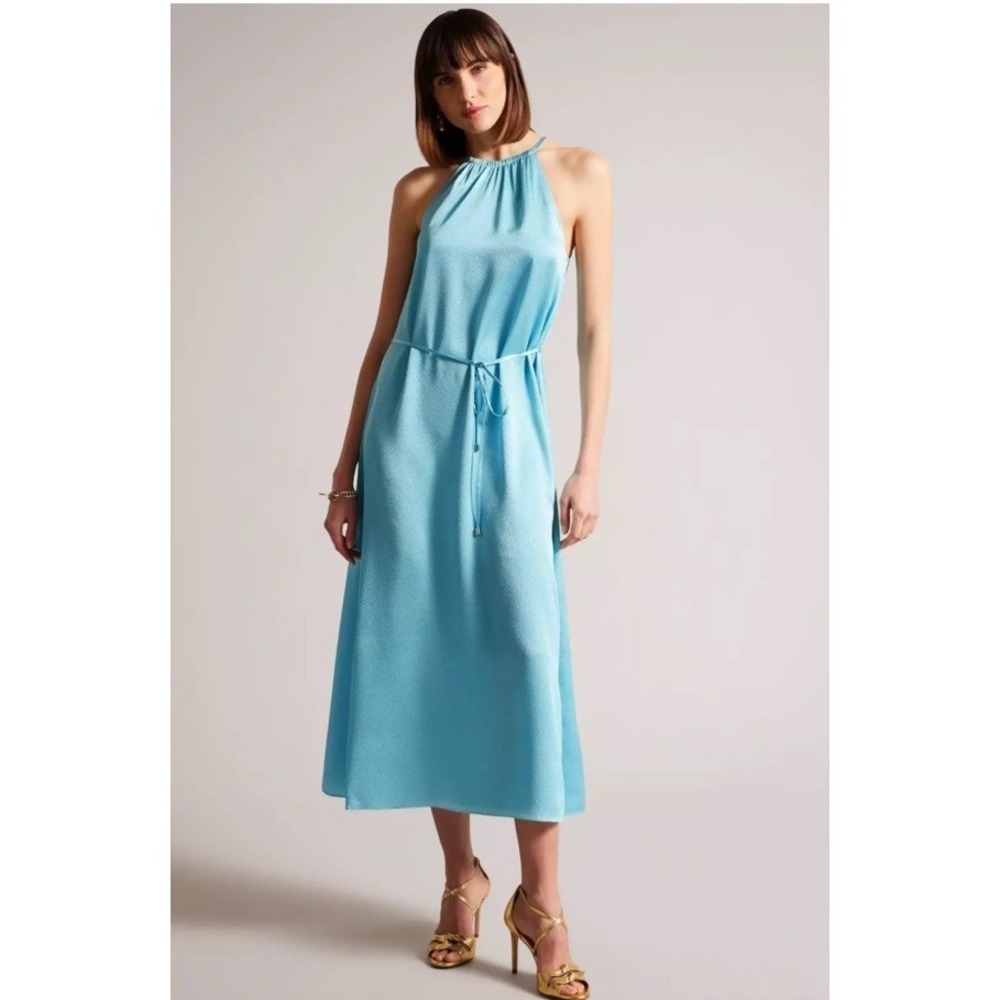 NEW Ted Baker Aqua Blue Roxieyy Halter Midi Dress Sz 3 (US 6-8)‎ $260 Side Slit